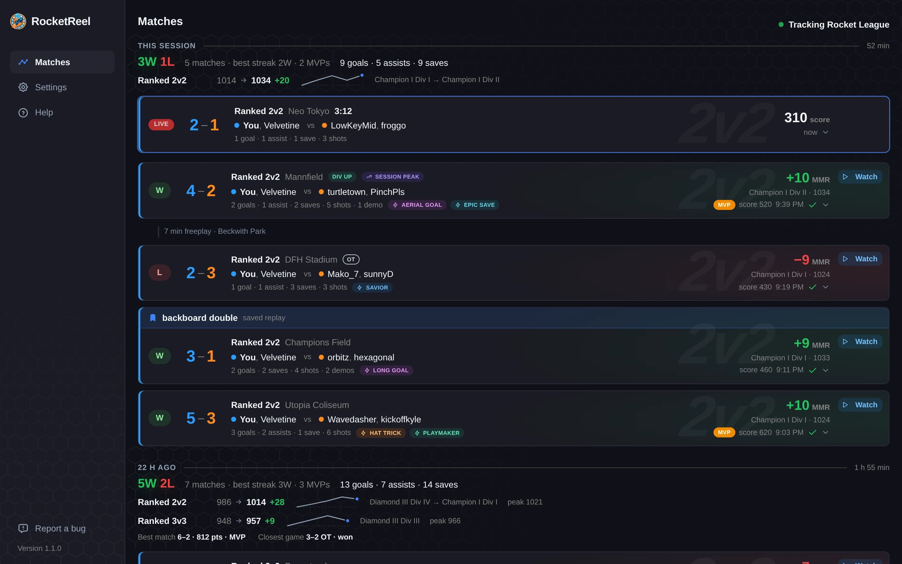 The RocketReel desktop app: tonight's session with a live match, results, rating changes and highlights