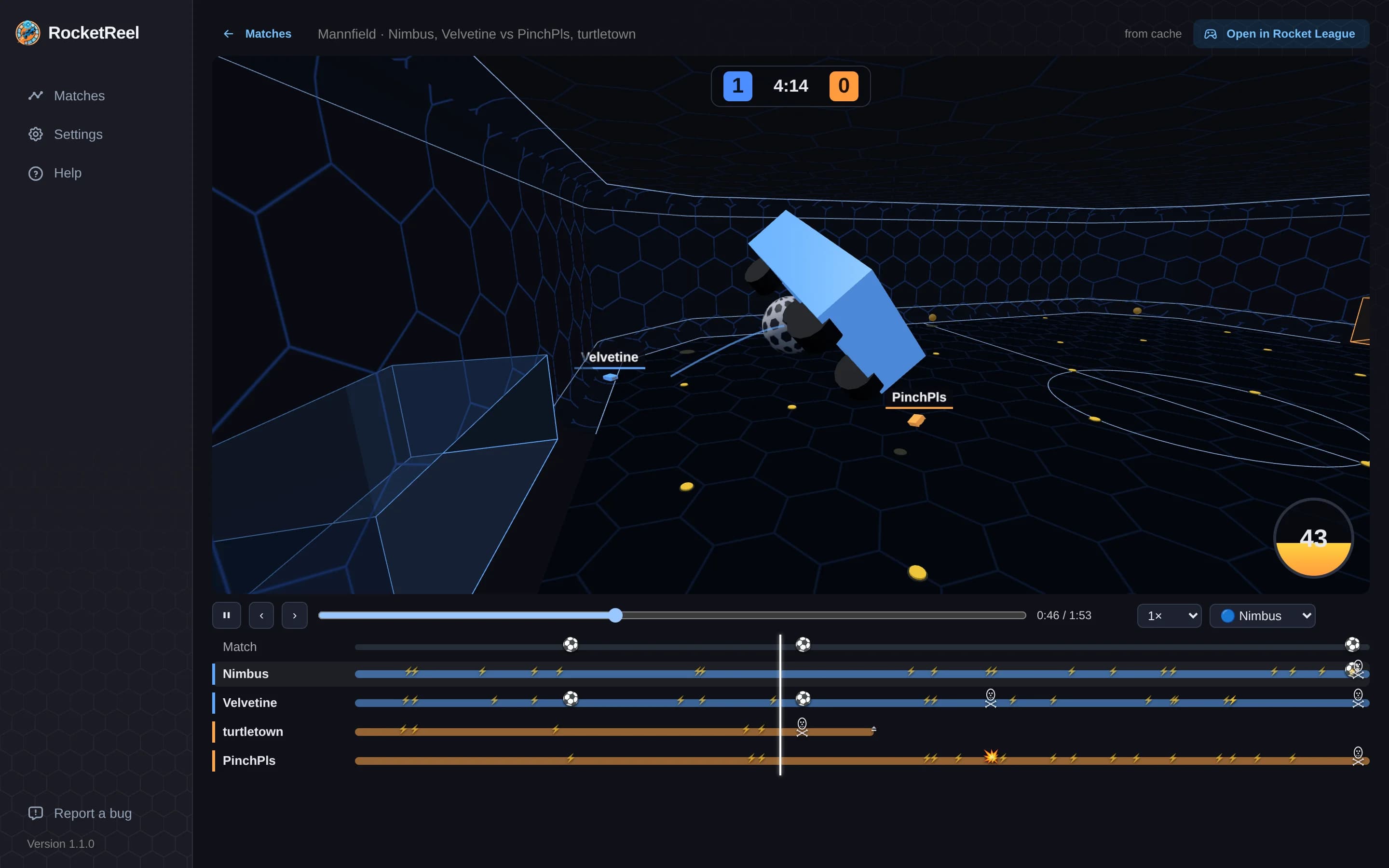 The RocketReel replay viewer following a player's car, with a timeline of each player's goals, boosts and demos